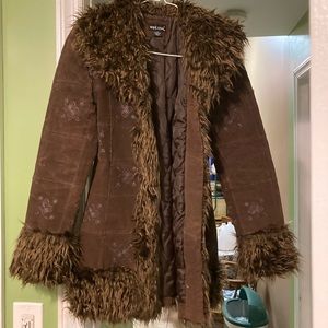 Genuine Leather vintage embroidered coat with faux fur trims